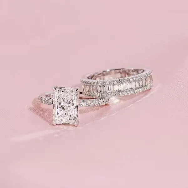 4PCS Radiant Cut Ring With Baguette & Pear Band Bridal Set in Sterling Silver