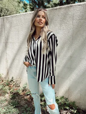 A Special Feeling Black and White Stripe Button Up Top