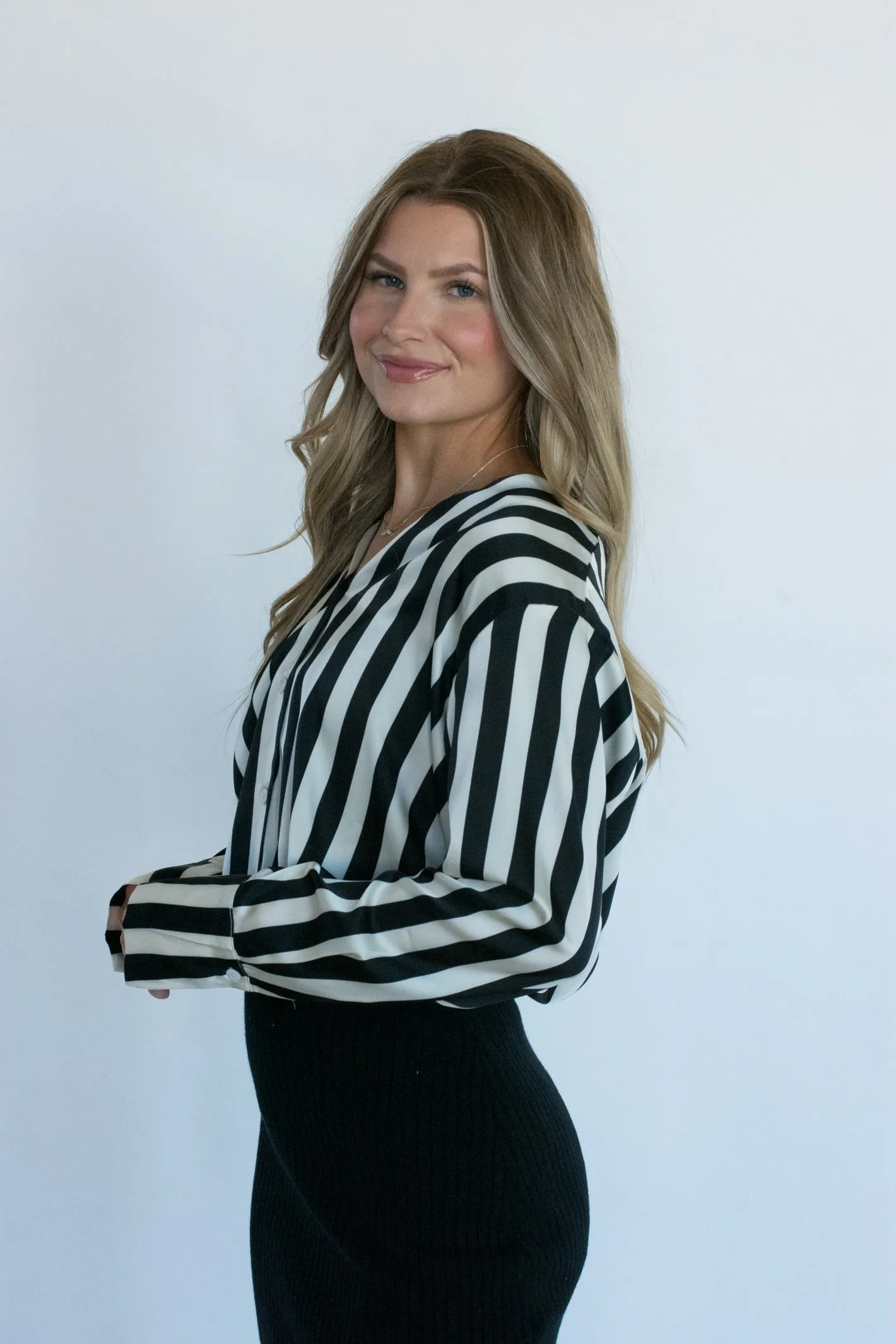 A Special Feeling Black and White Stripe Button Up Top