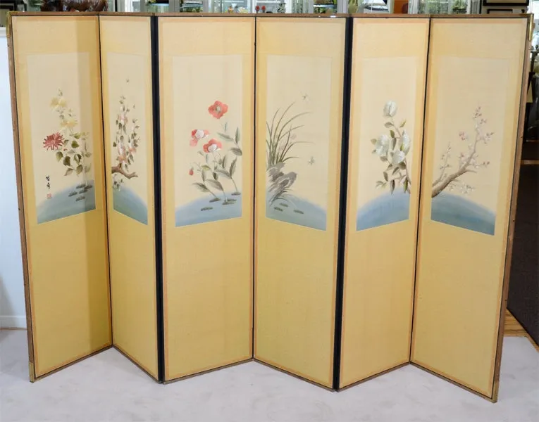 Art Deco Era Six-Panel Screen with Embroidered Floral Motif