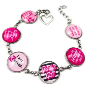 Barbie Girl – Glass Charm Stainless Steel Bracelet with Heart Charm – I am Kenough, Live your dream, We girls can do anything!