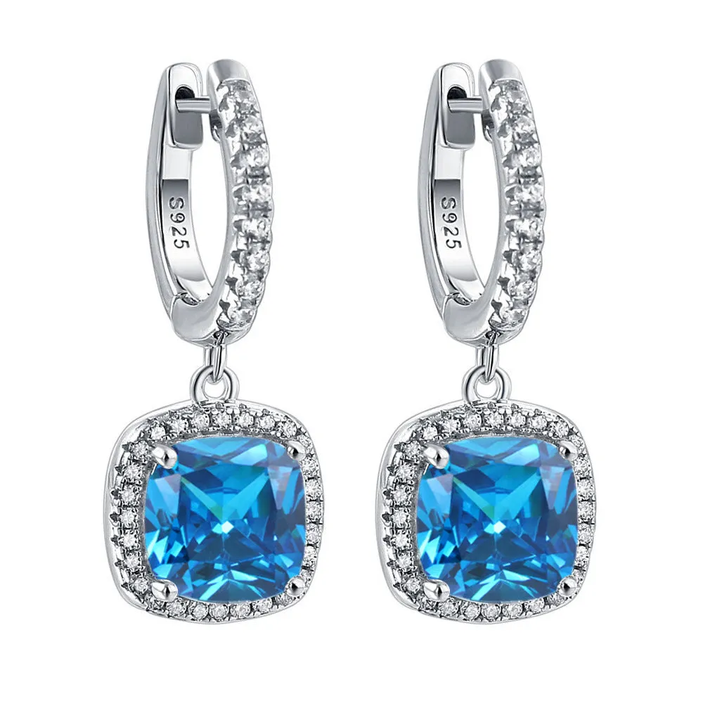 Birthstone Cushion Cut Halo Sterling Silver Drop Earrings