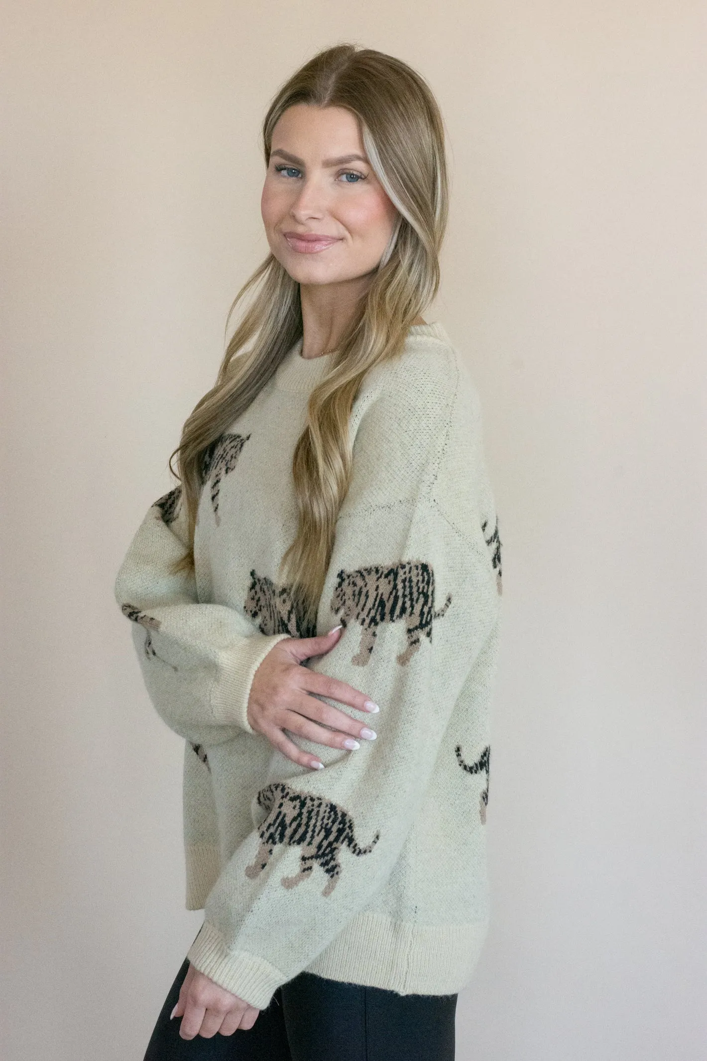 Born to Fly Oatmeal Tiger Pattern Sweater