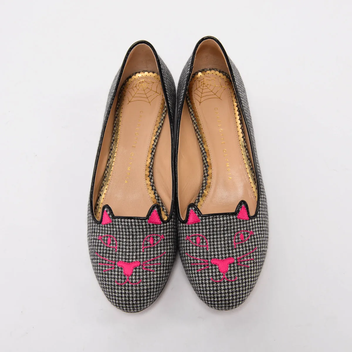 Charlotte Olympia Black & White Houndstooth Kitty Loafers 39