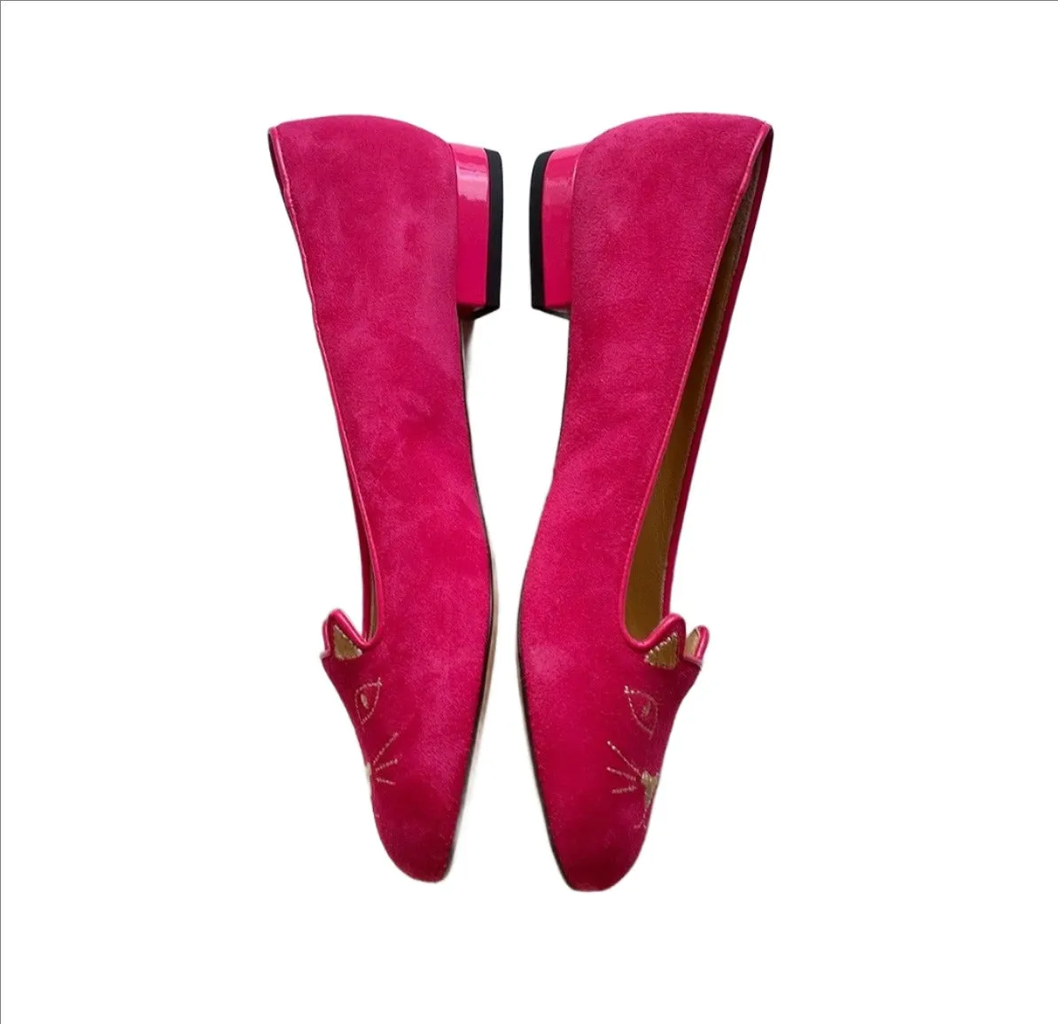 Charlotte Olympia Bright Pink Suede kitty flats sale shoes