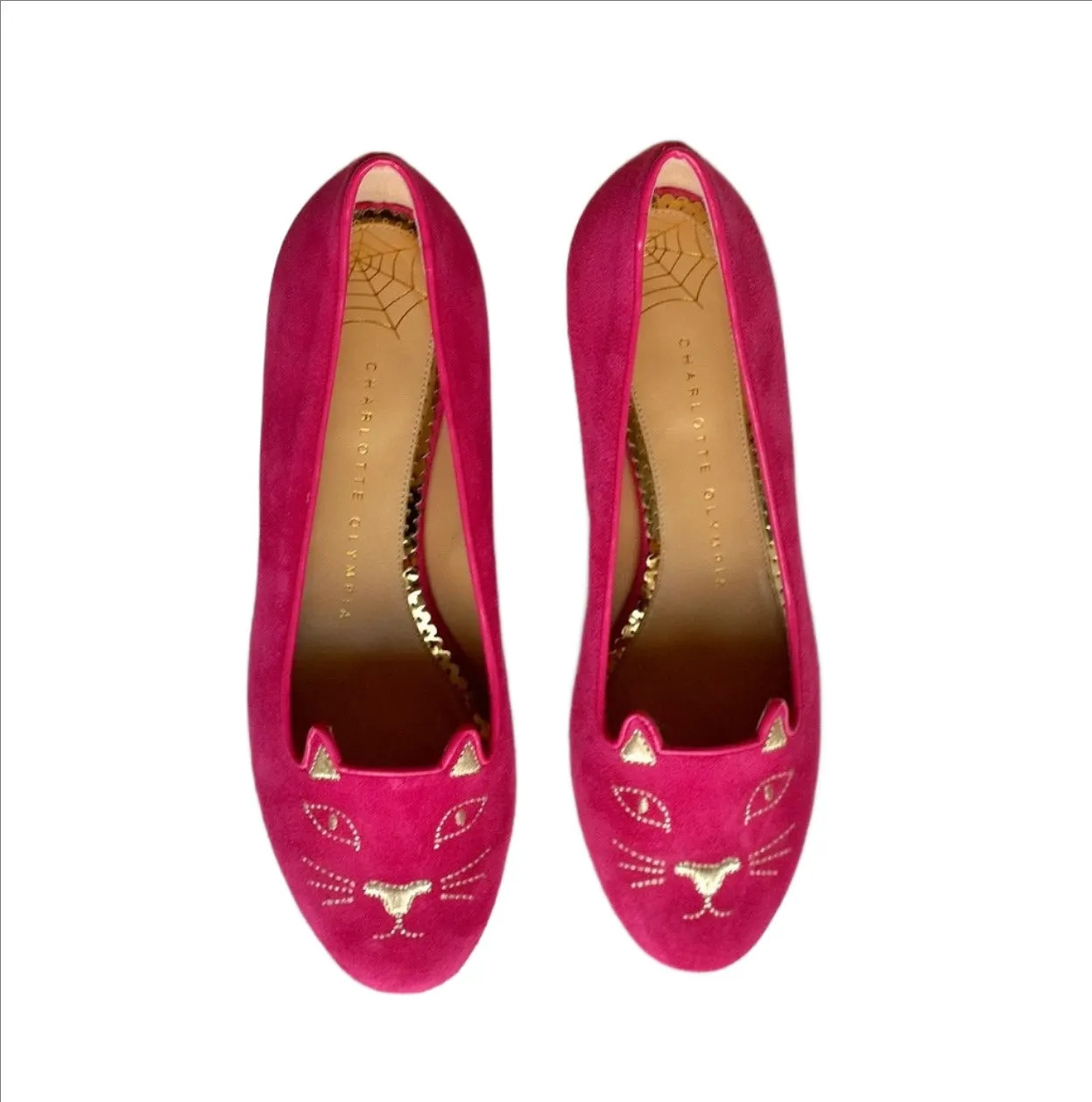 Charlotte Olympia Bright Pink Suede kitty flats sale shoes