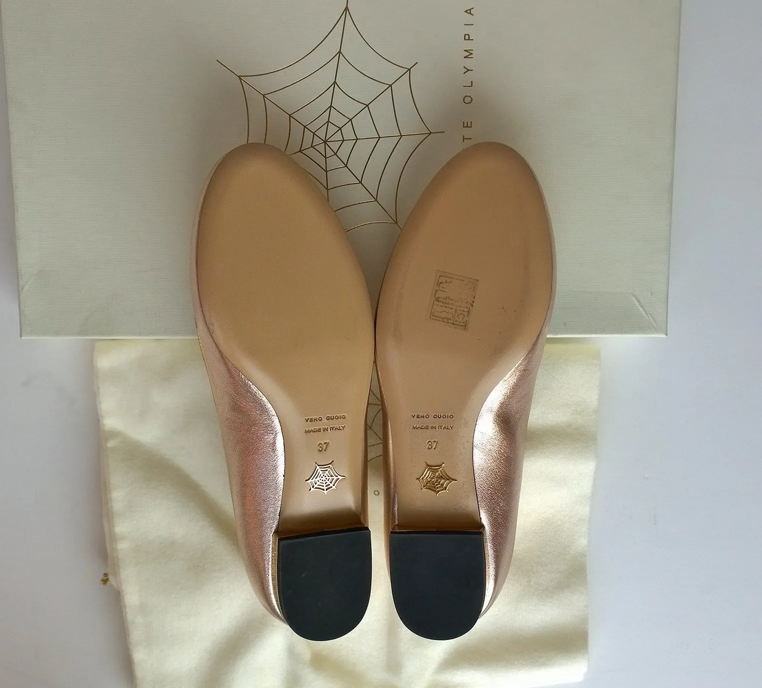 Charlotte Olympia Kitty Flats Rose Gold Leather new in box