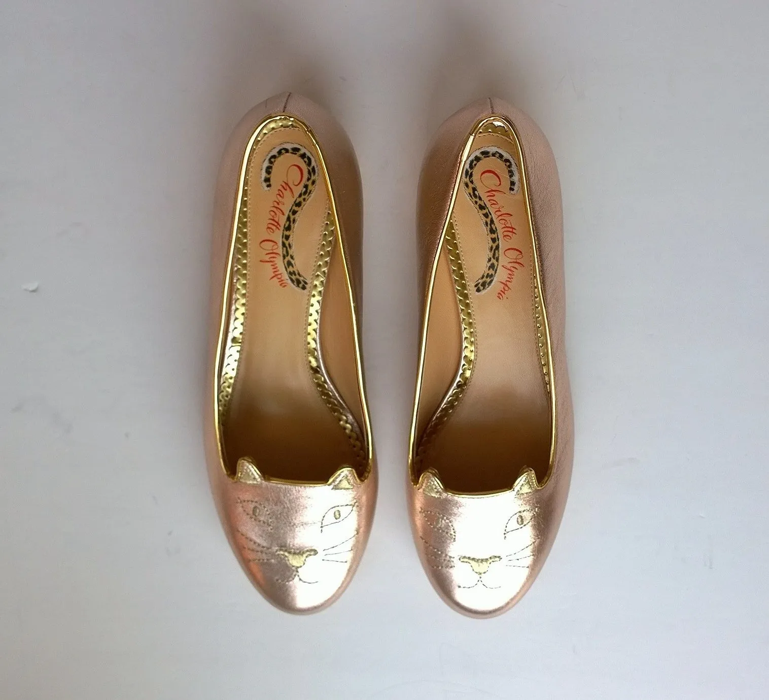 Charlotte Olympia Kitty Flats Rose Gold Leather new in box