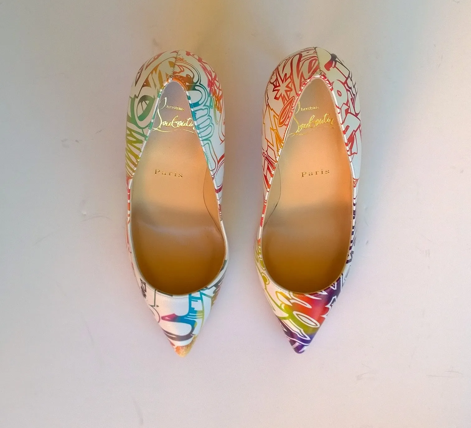 Christian Louboutin Pigalle Follies 85 Printed Graffitti Heels White Leather