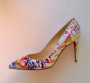 Christian Louboutin Pigalle Follies 85 Printed Graffitti Heels White Leather