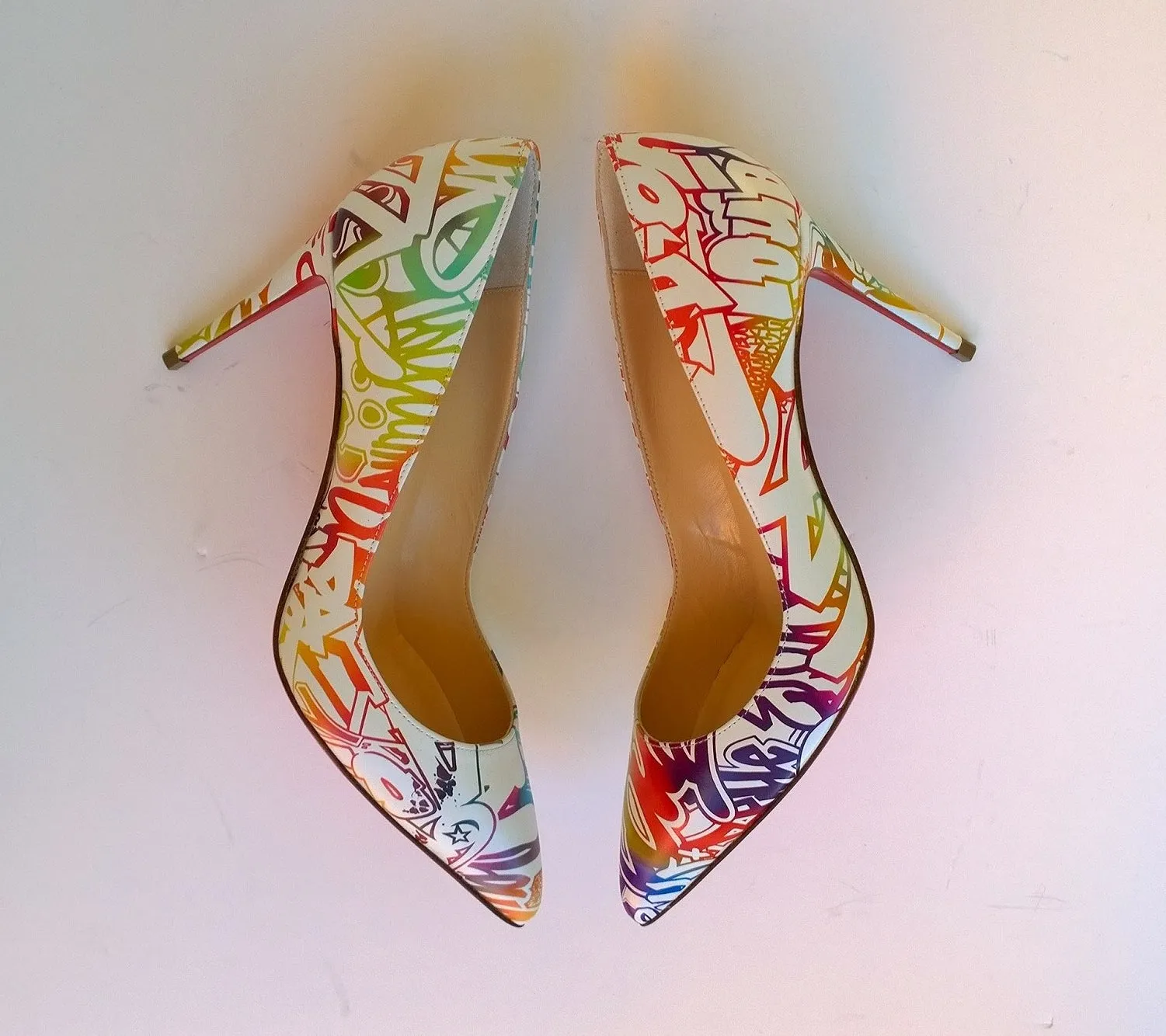 Christian Louboutin Pigalle Follies 85 Printed Graffitti Heels White Leather