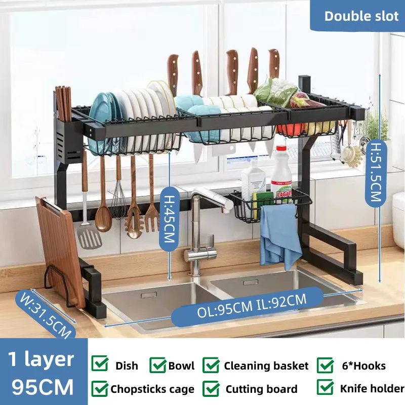 Dish Rack Stainless Steel Rak Pinggan Sinki Multifunction Dish Drainer Kitchen Rack Rak Pinggan Mangkuk 105cm sink rack