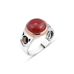 Domic Small Circle Red Agate Stone Silver Men's Ring Siding Tughra