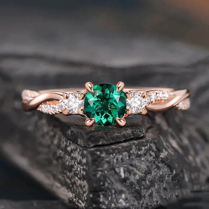 Emerald Green Twist Rose Golden Engagement Ring In Sterling Silver