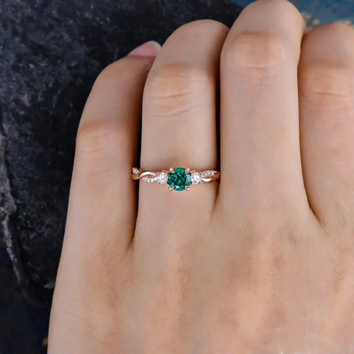 Emerald Green Twist Rose Golden Engagement Ring In Sterling Silver