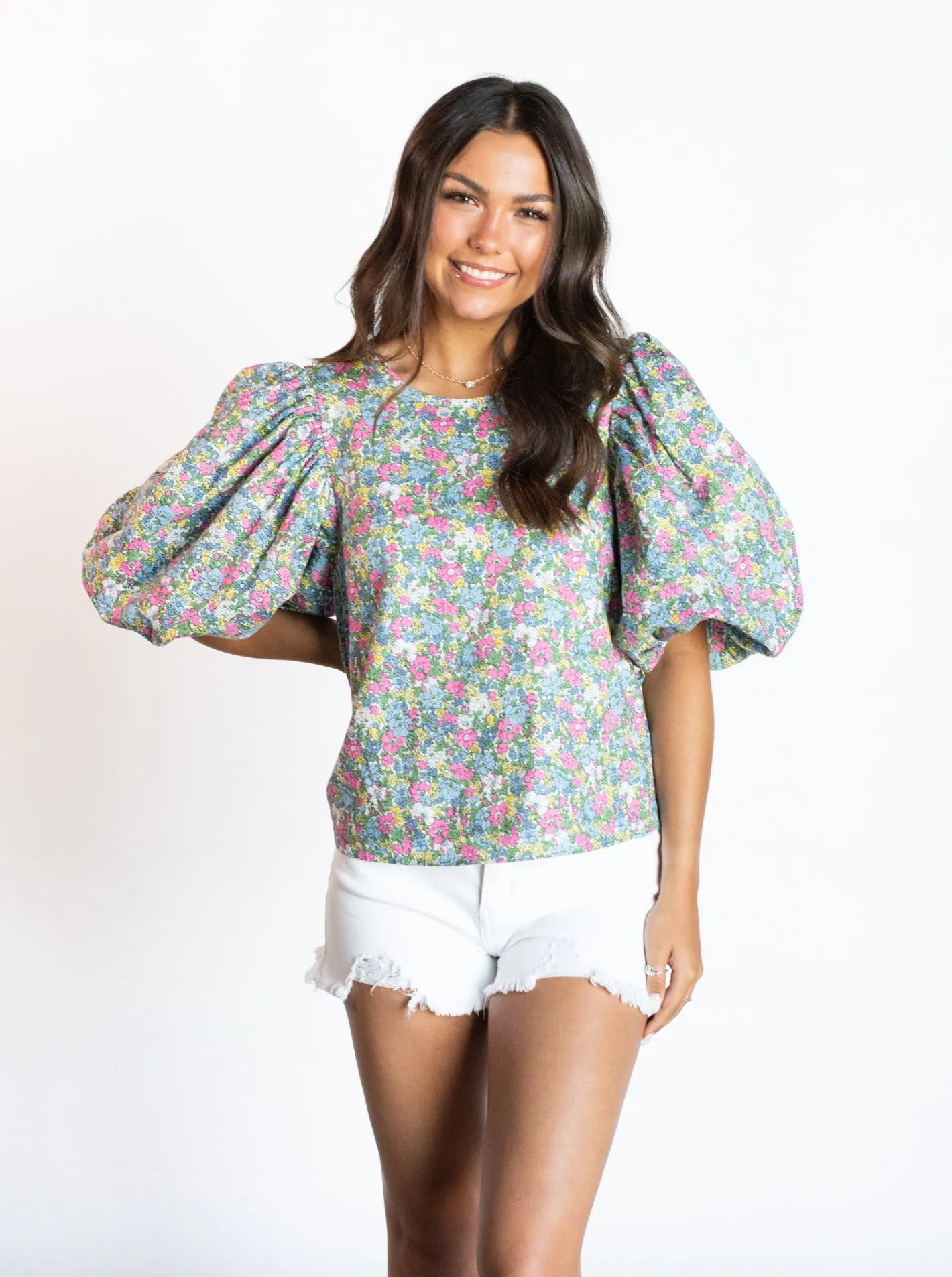 Floral Flirtations Pink Multicolor Puff Sleeve Top