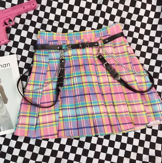 GRADUAL PINK CHECKER JK PLEATED SKIRT BELT BY61024