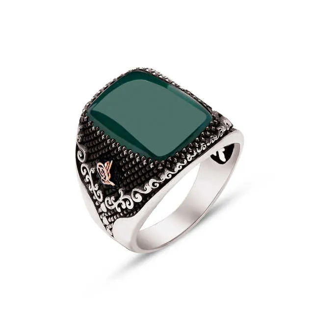 Green Agate Stone Rectangular Silver Men’s Ring Siding Ottoman Tughra and Branch Pattern