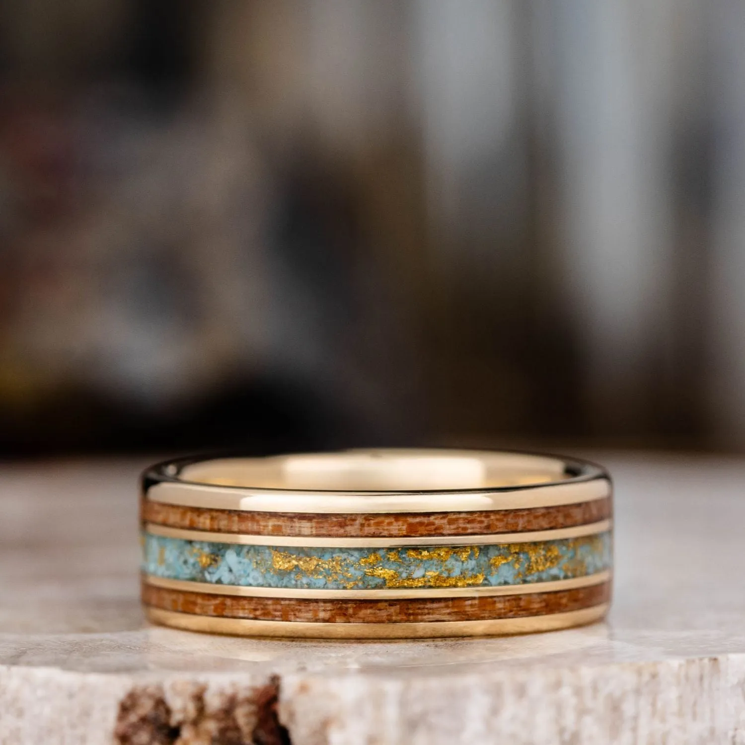 (In-Stock) Men's 10k Yellow Gold Wedding Band with Turquoise and Black Cherry Wood - Size 9.25 | 8mm Wide