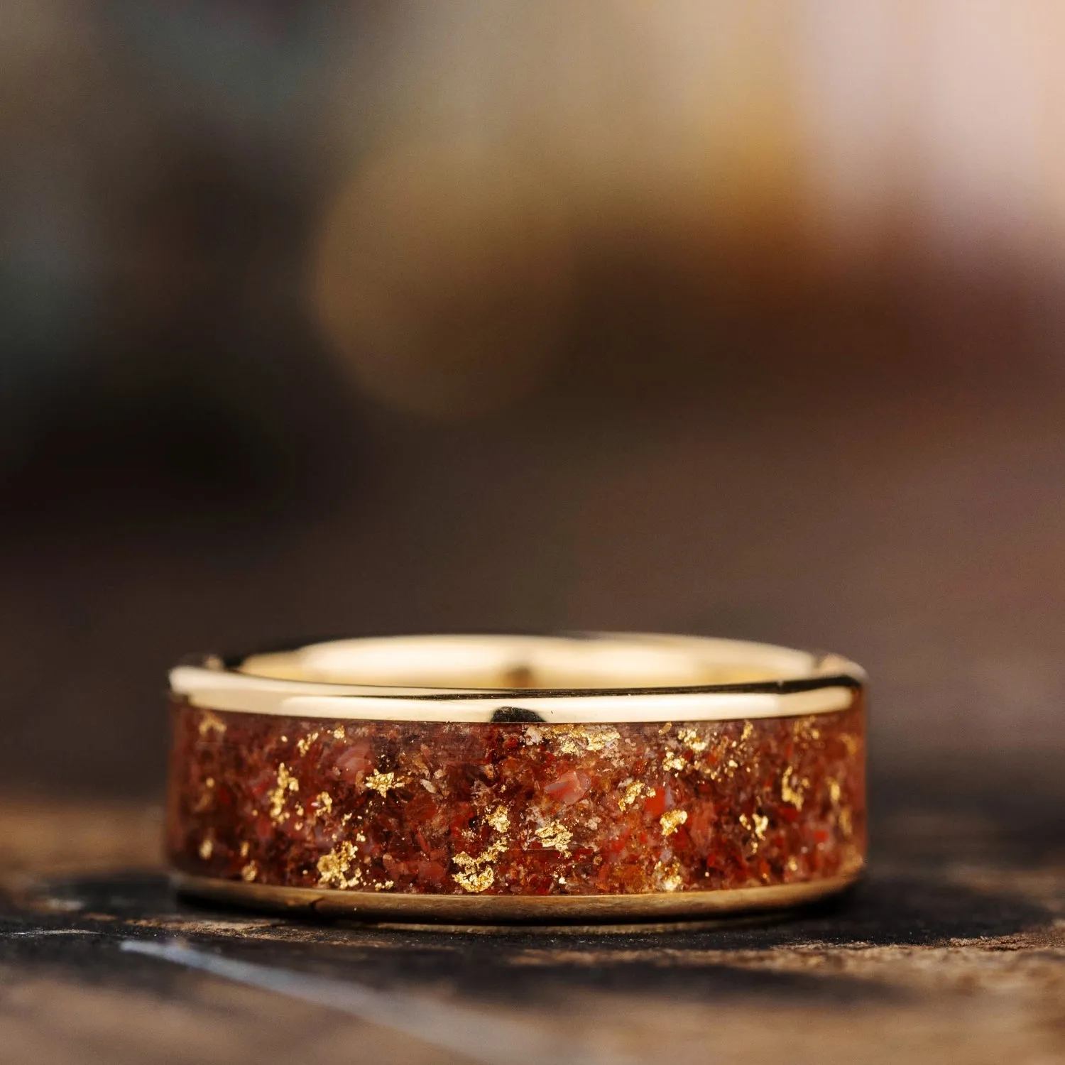 (In-Stock) The Relic | 10k Yellow Gold Dinosaur Bone Ring with Gold Flakes- Size 11 | 8mm Wide