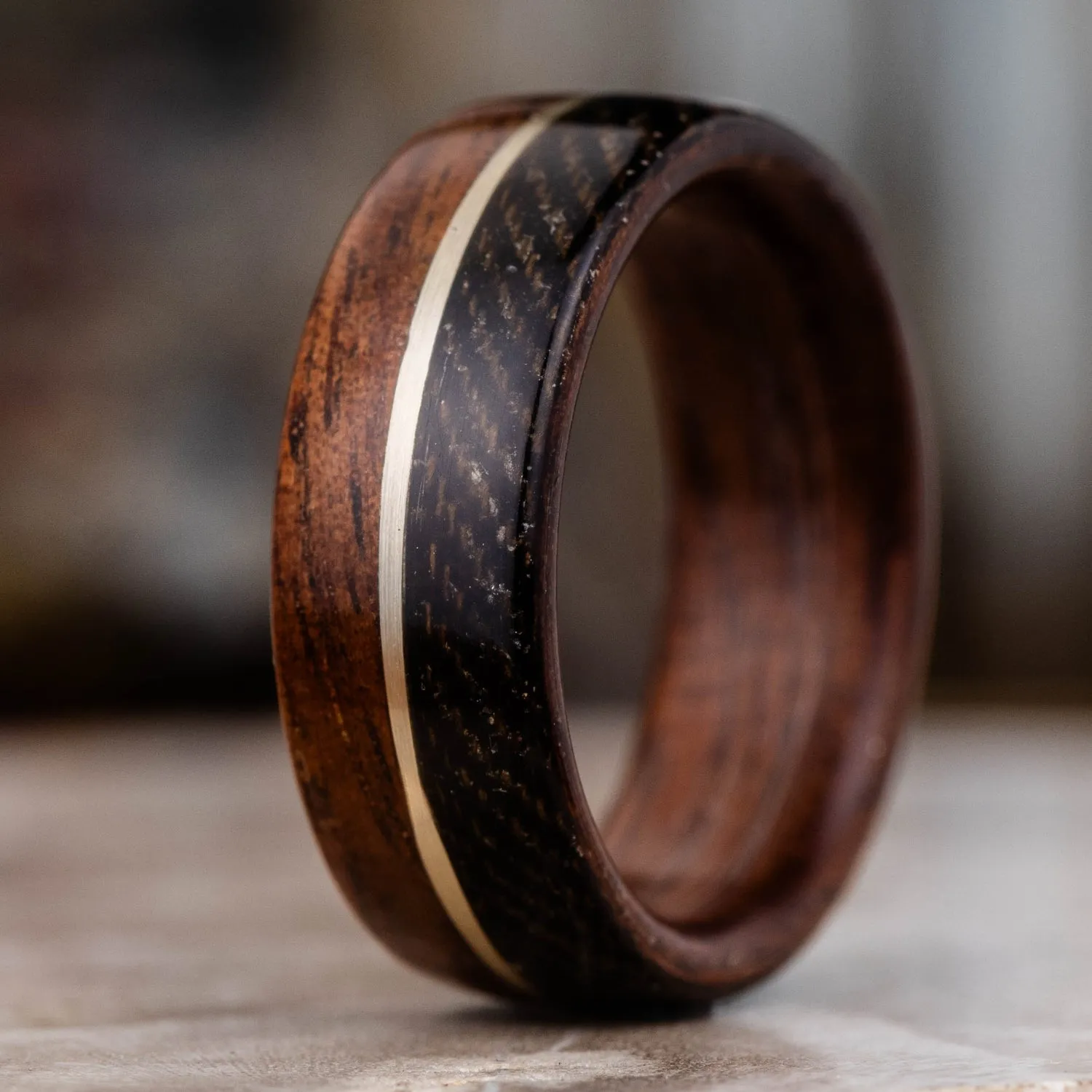 (In-Stock) The World War I Men's Rifle Stock Wood Wedding Band with WWI Uniform & Sterling Silver Inlay- Size 10 | 8mm Wide