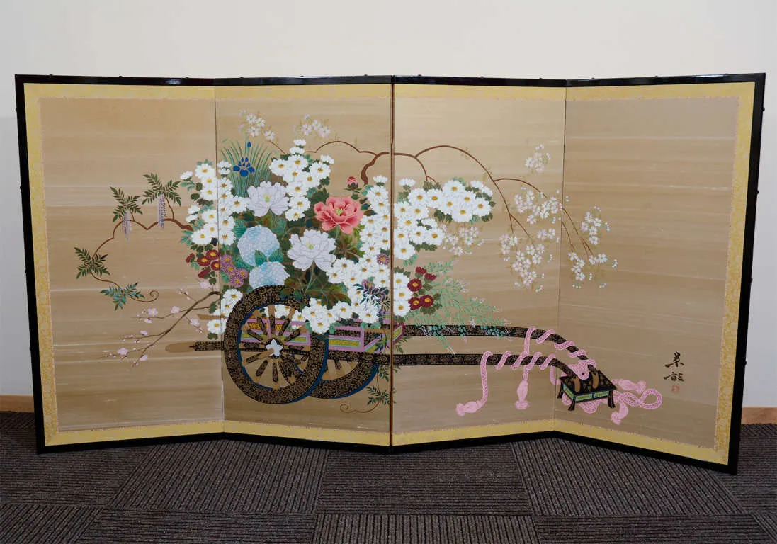 Japanese Four Panel Screen with Flower Cart