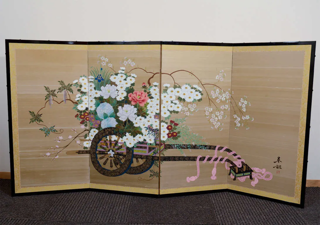 Japanese Four Panel Screen with Flower Cart