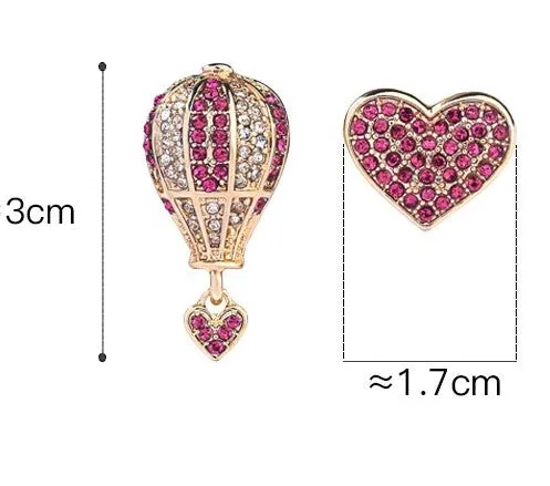 Luxury Hot-air Balloon Heart Asymmetrical Crystal Earrings