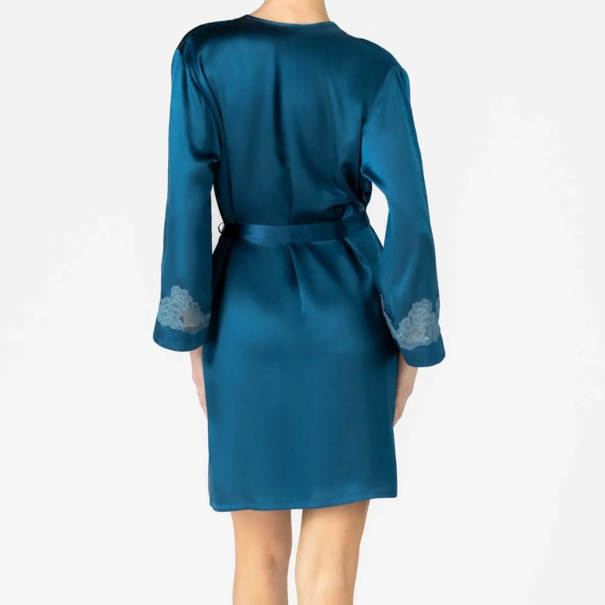 NK iMode Morgan Iconic Short Silk Robe in Blue Topaz $375.00