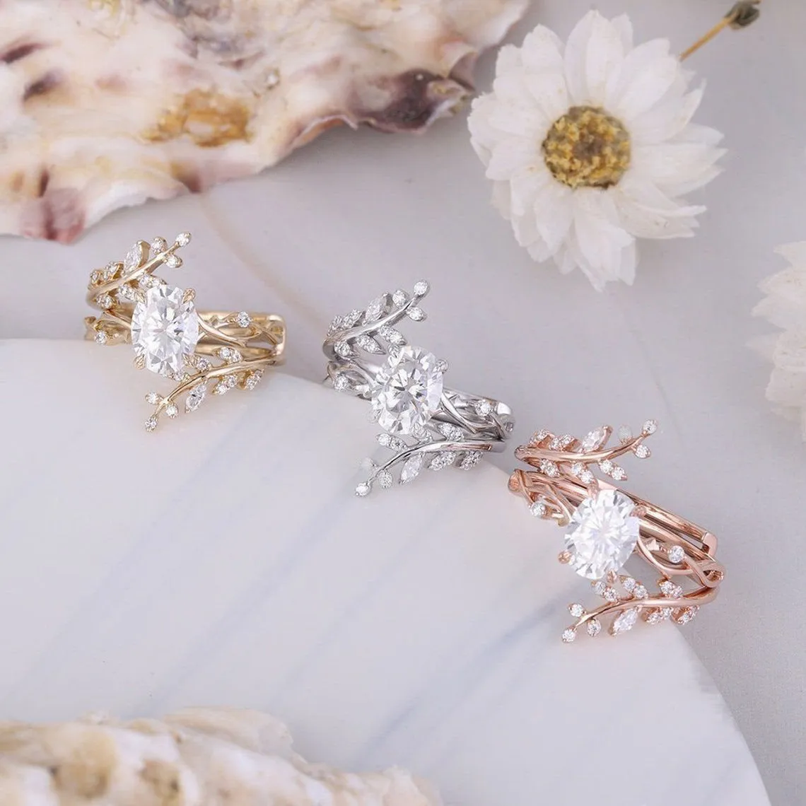 Oval Cut Vintage Cluster Leaf Enhancer Bridal Set Ring in Sterling Silver