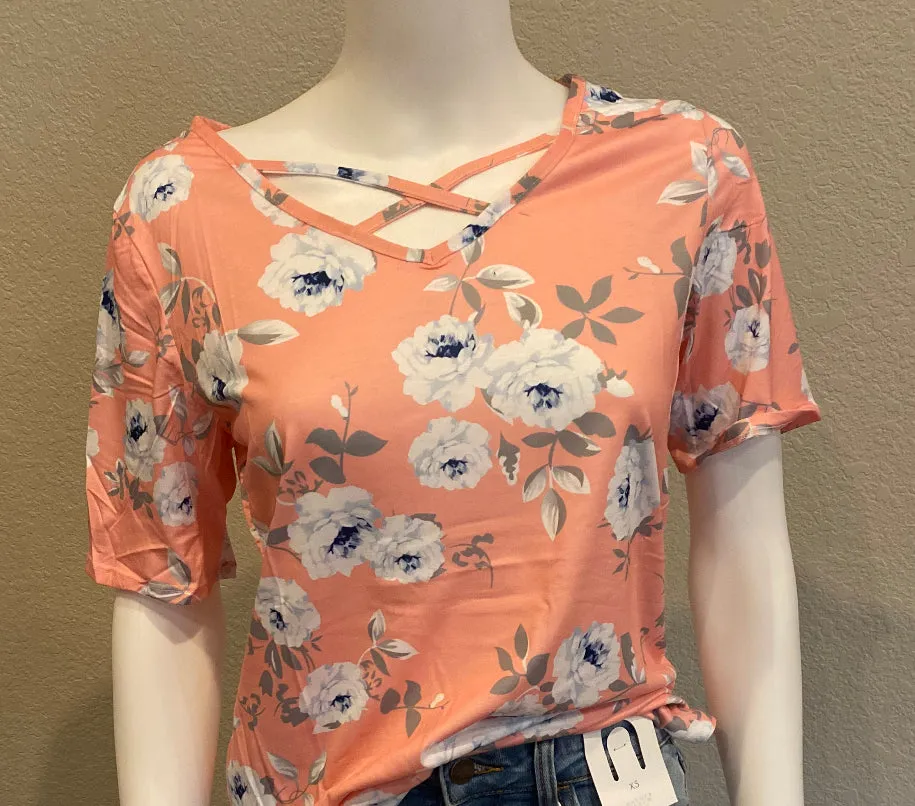 Pink Super Soft Floral Tee Shirt with Crisscross Neck