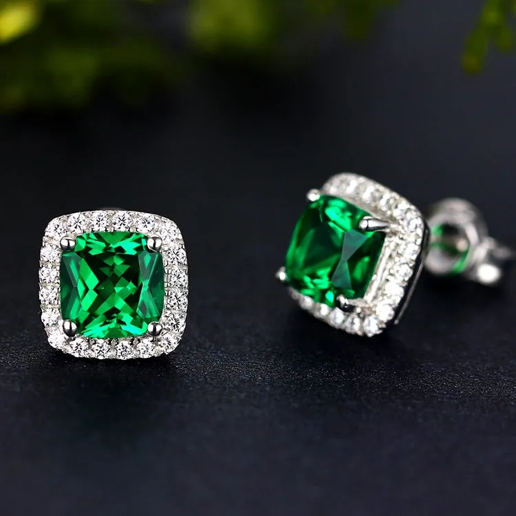 Retro Emeralds Cut Halo Stud Earrings in 18K Platinum Plated Sterling Silver