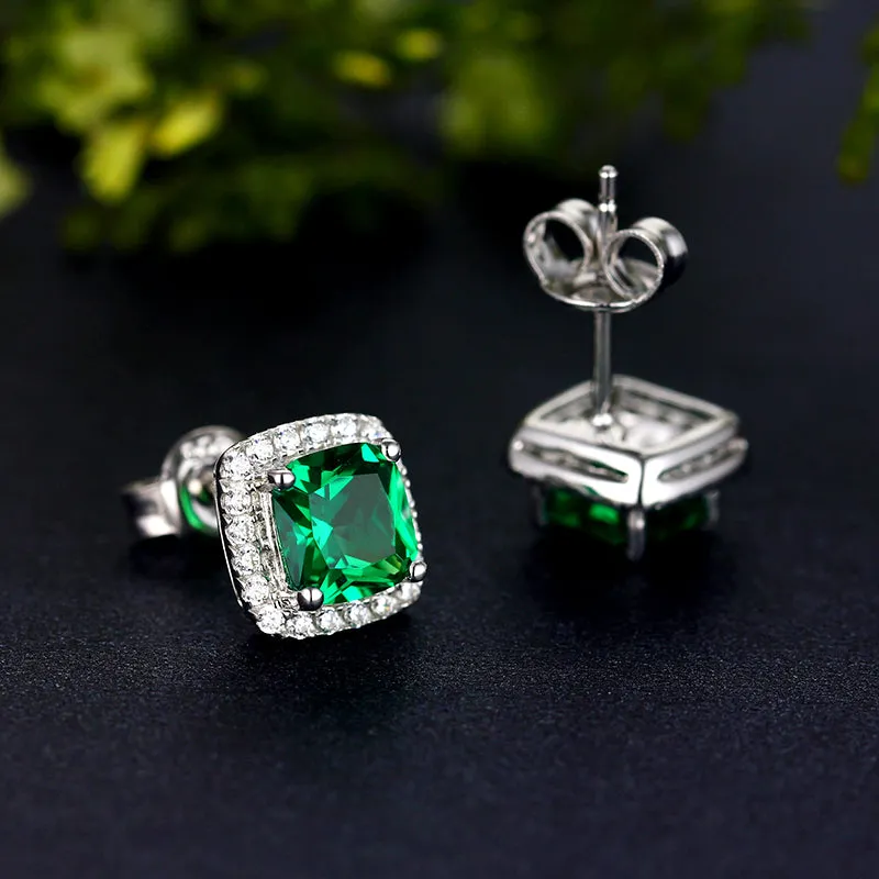 Retro Emeralds Cut Halo Stud Earrings in 18K Platinum Plated Sterling Silver