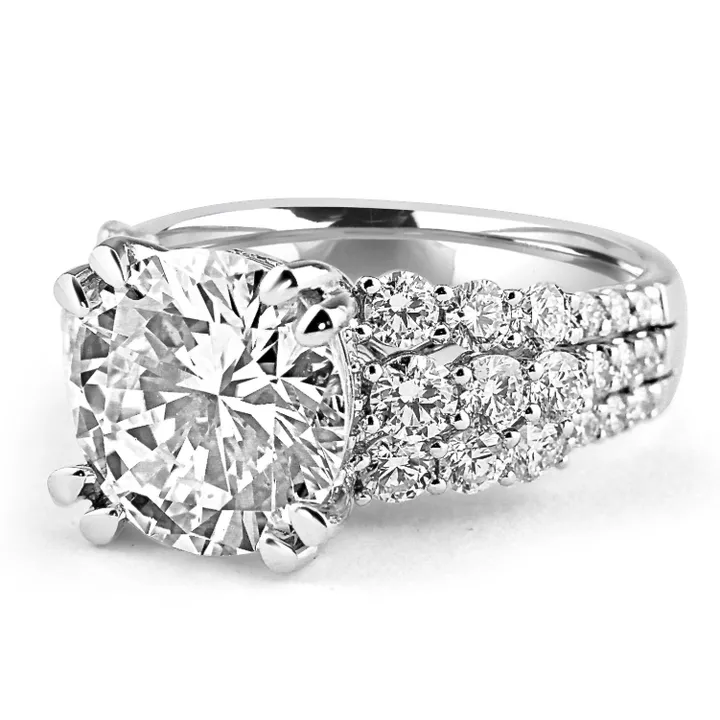 Round Cut Double Prong Three-Row Engagement Ring