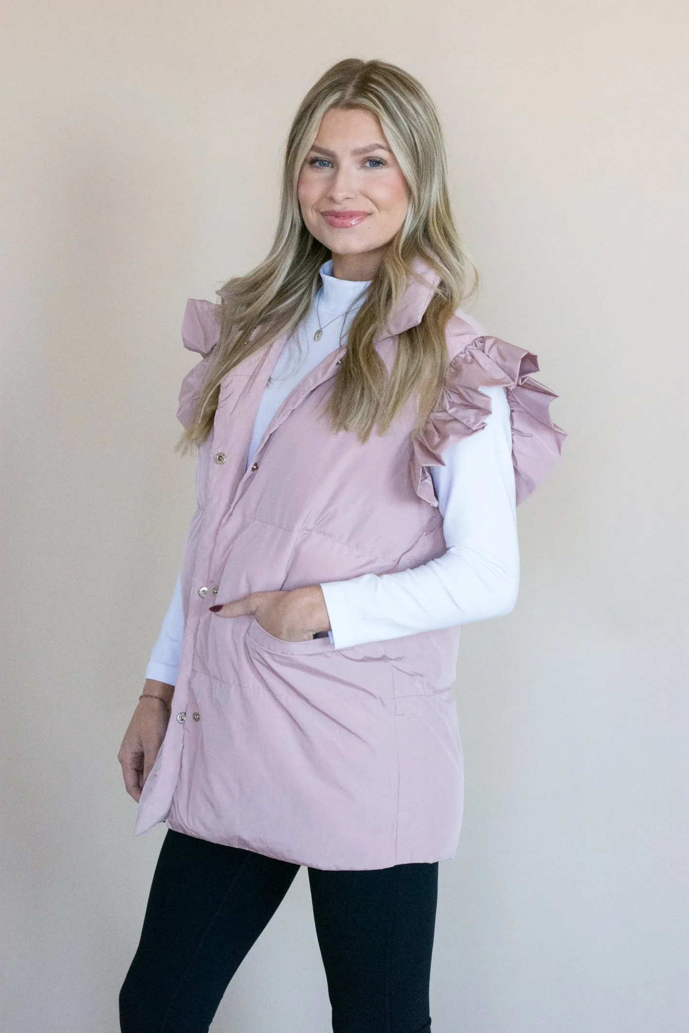 Rumors are True Ruffle Sleeve Pink Puffer Vest