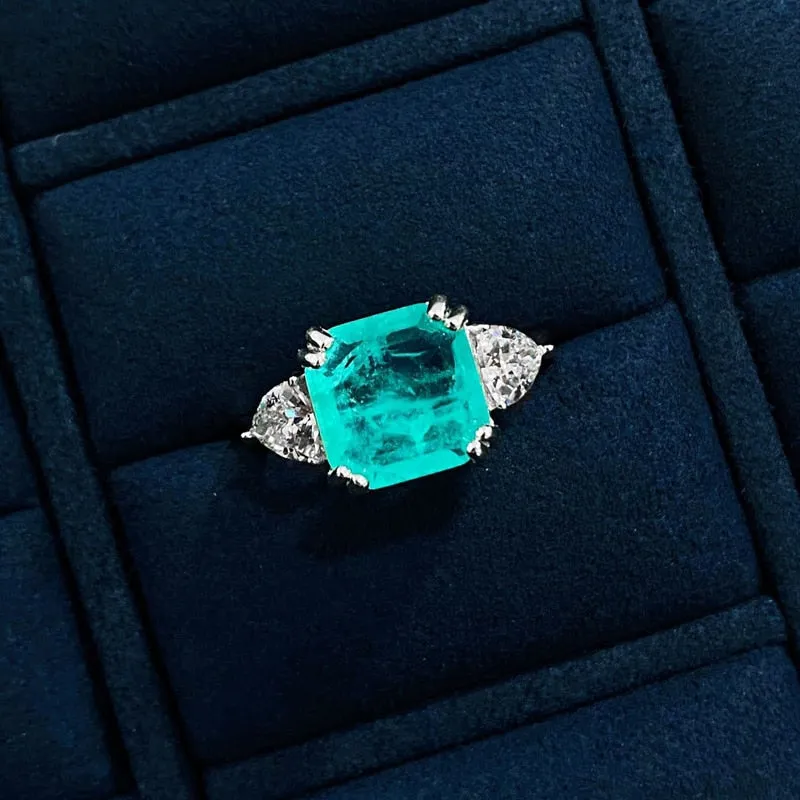 Three Stone Princess Cut Paraiba Tourmaline Ring in Sterling Silver