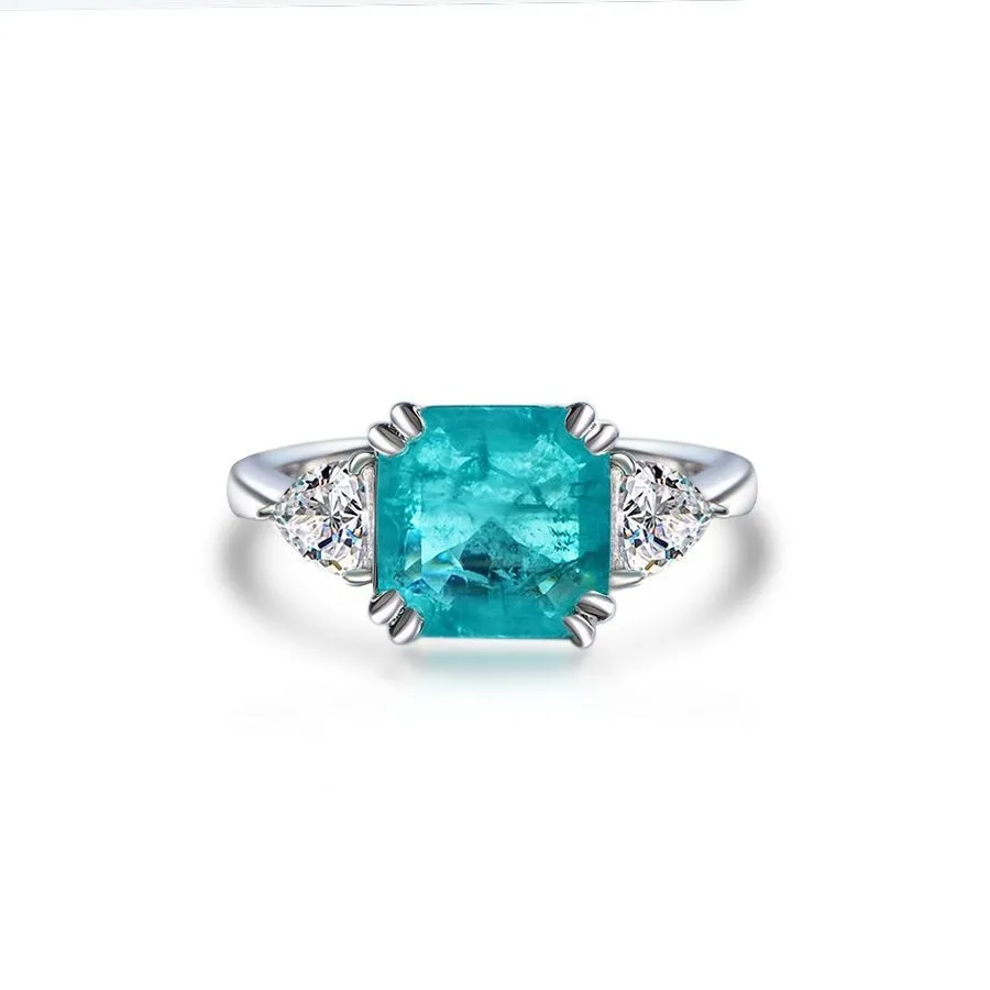 Three Stone Princess Cut Paraiba Tourmaline Ring in Sterling Silver