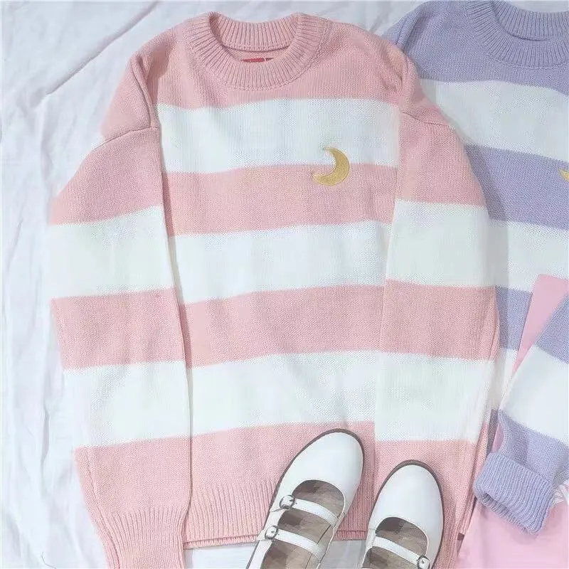 UlZZANG STRIPE MOON KNIT SWEATER BY21085