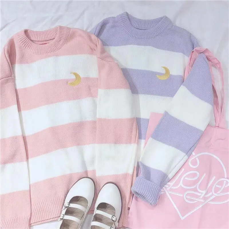 UlZZANG STRIPE MOON KNIT SWEATER BY21085